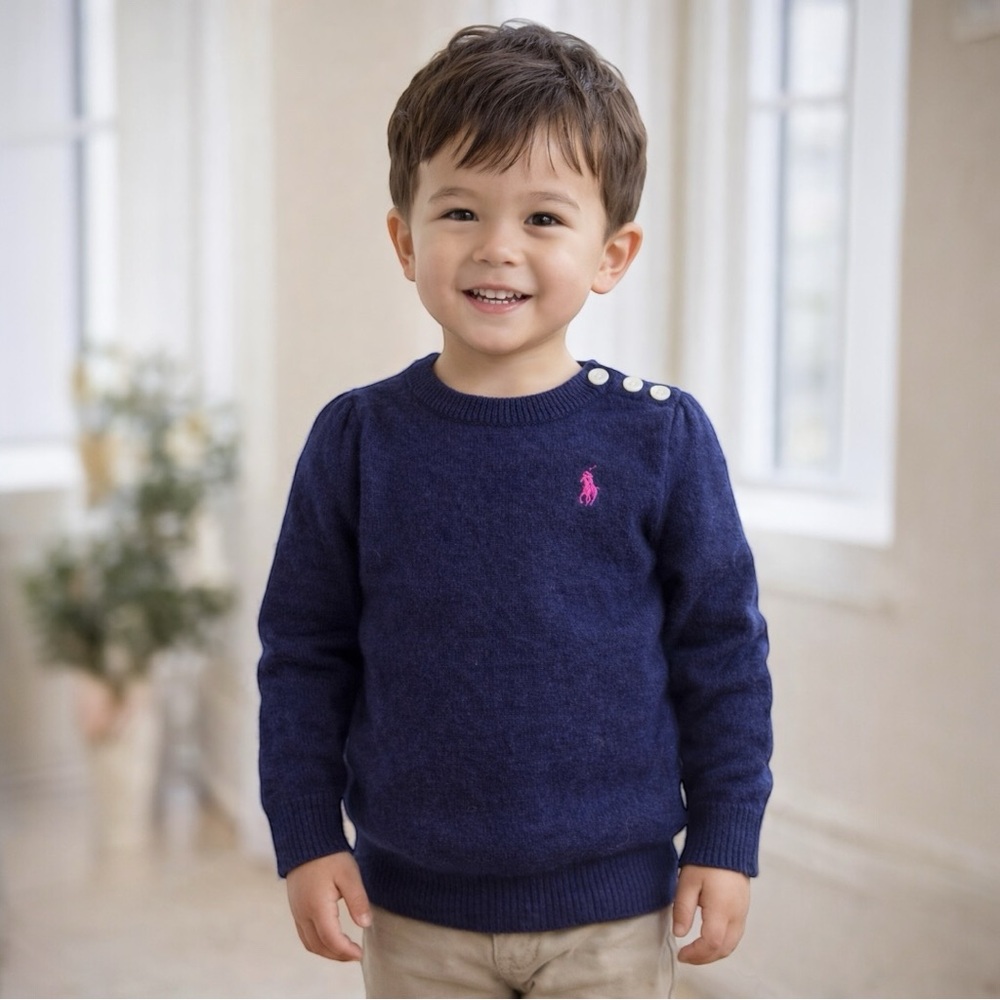 Polo Ralph Lauren Toddler Boys Navy Sweater 3T Pink Logo – Great Condition